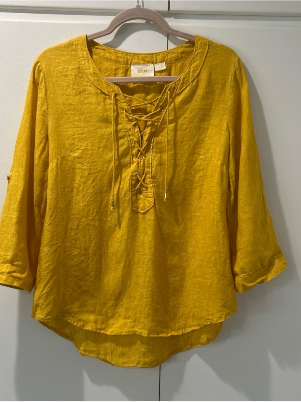 Anthropologie Maeve Mustard Yellow Lace-Up Linen Tunic M